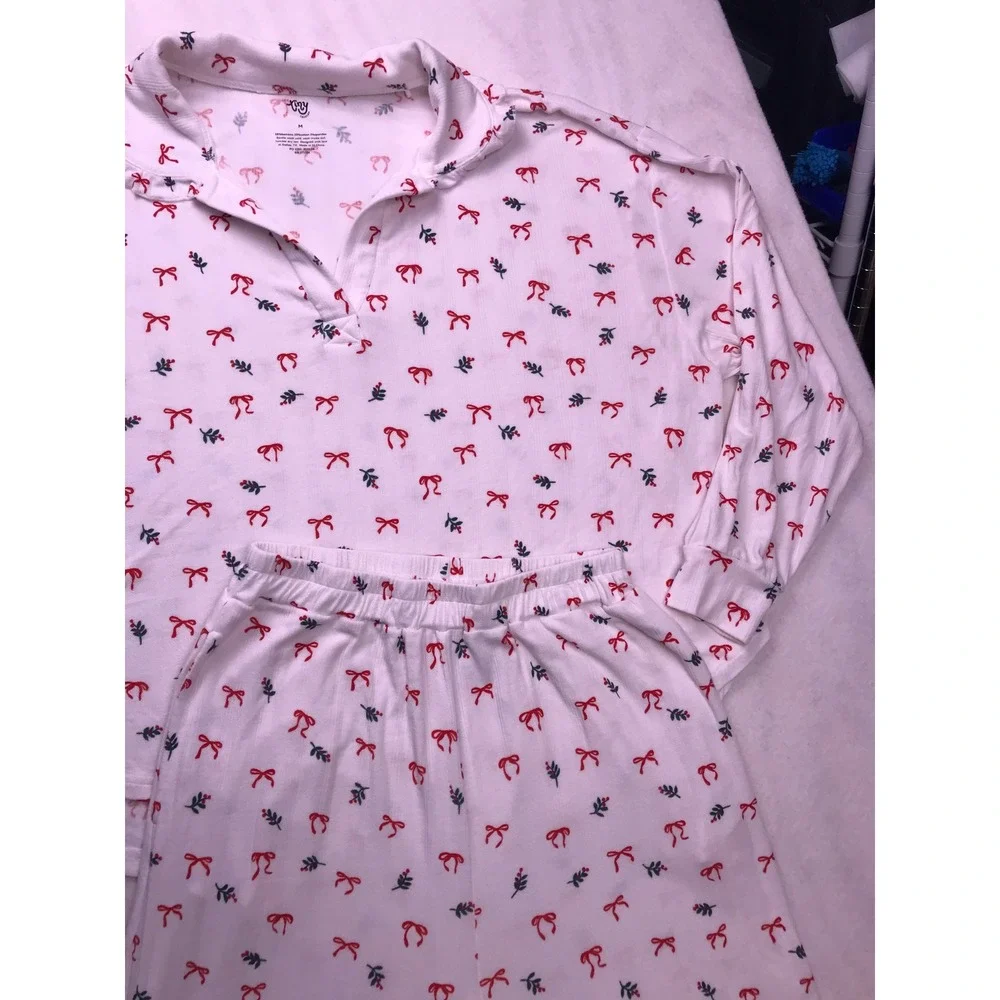 Tiny Talulah Pajama Set Womens Medium White Bow Print Bamboo Ribbed